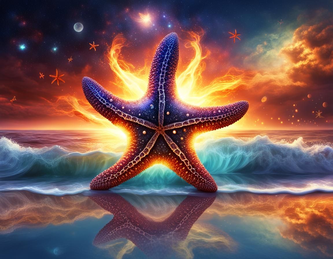 Cosmic Elemental Starfish on a Vibrant Beach
