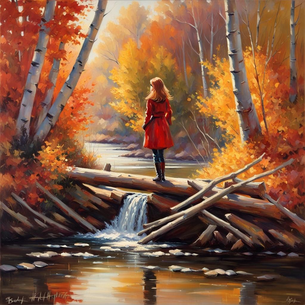 Autumn Morning Creek Crossing in Pointillist Style