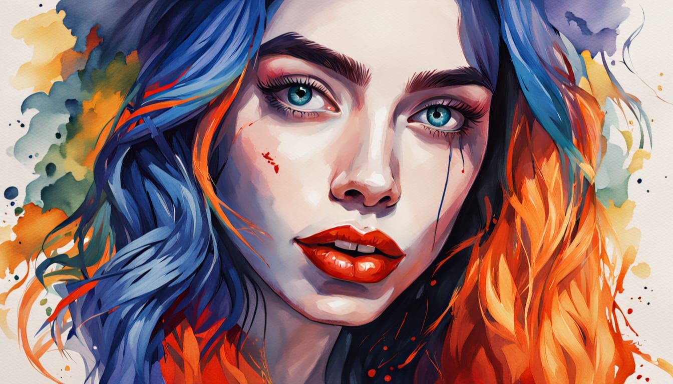 Seductive Vampire Woman Portrait in Watercolor Impasto Style