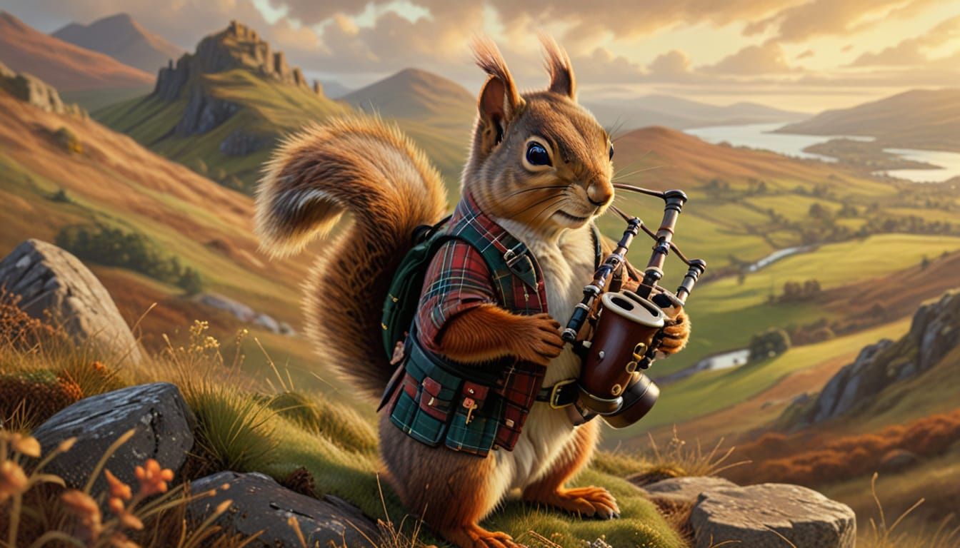 Squirrel Bagpiper in Tartan Kilt: Whimsical Oil Painting