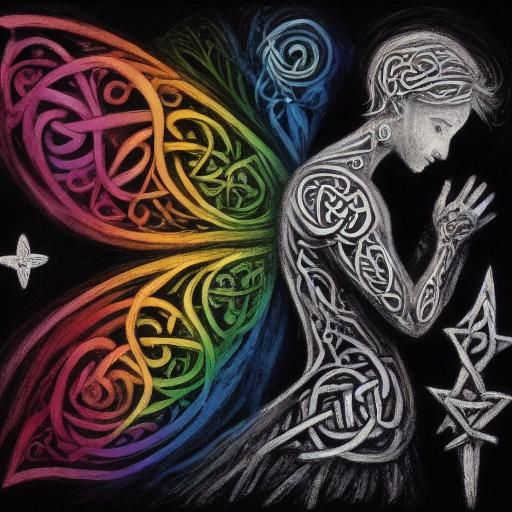 Celtic Knotwork Raven Silhouette with Rainbow Fairy