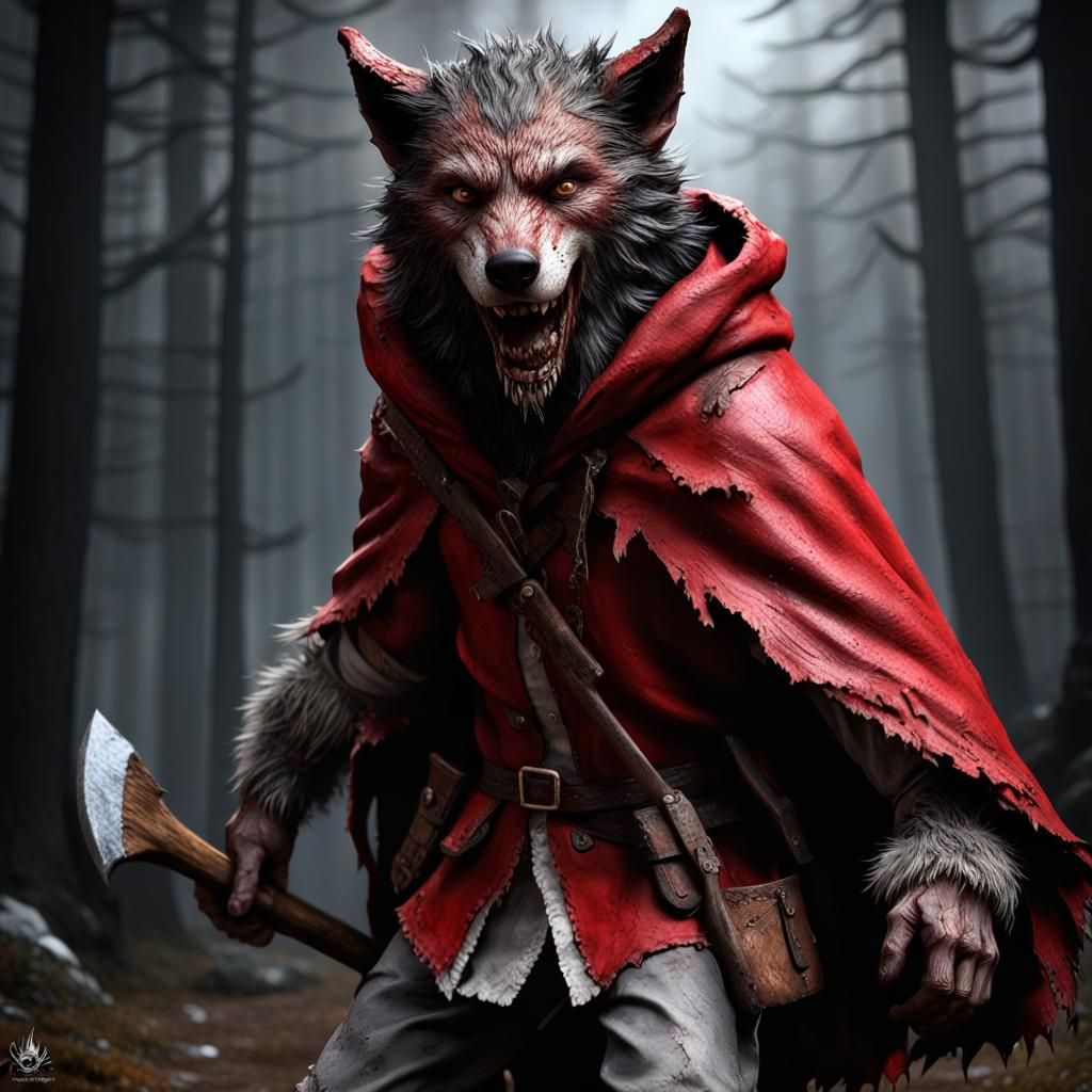 Werewolf Little Red Riding Hood in Dark Fantasy Style