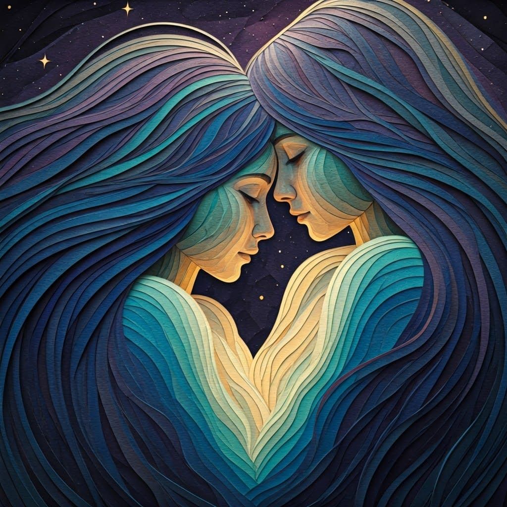 Embracing Women Under Stars in Layered Paper Art