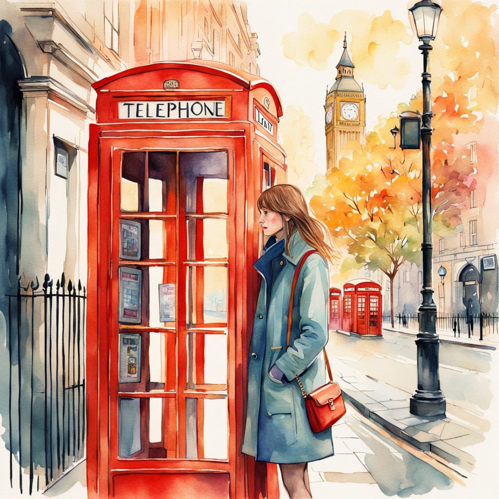 Elegant Woman Stands Beside Classic Red Telephone Booth in W...