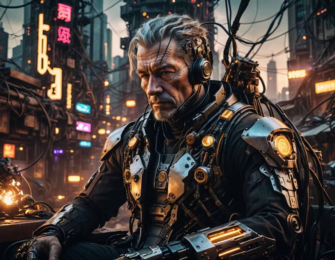 Cyberpunk Cyborg Portrait in War-Torn Cityscape