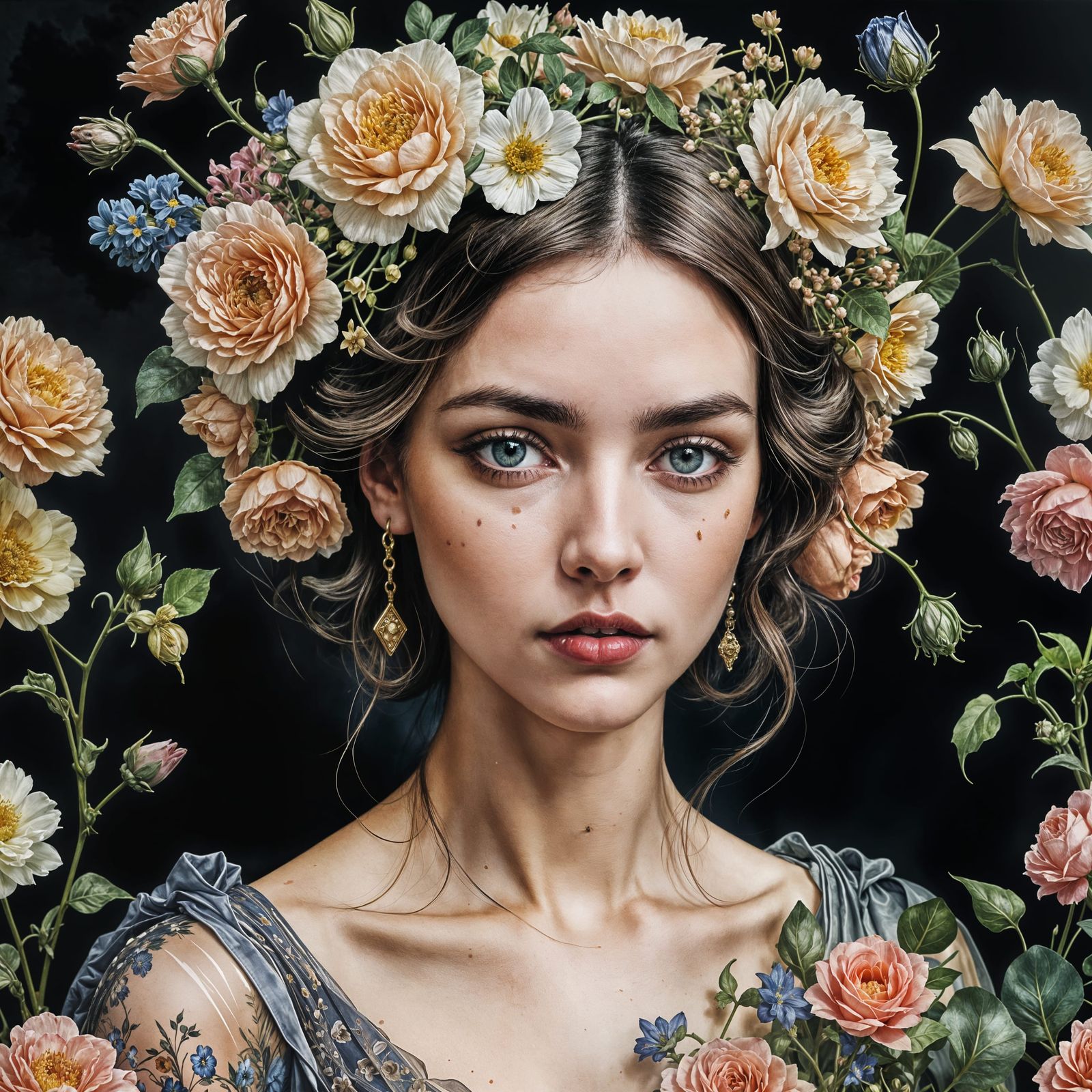 Mouse and Flowers Portrait in Watercolor Style