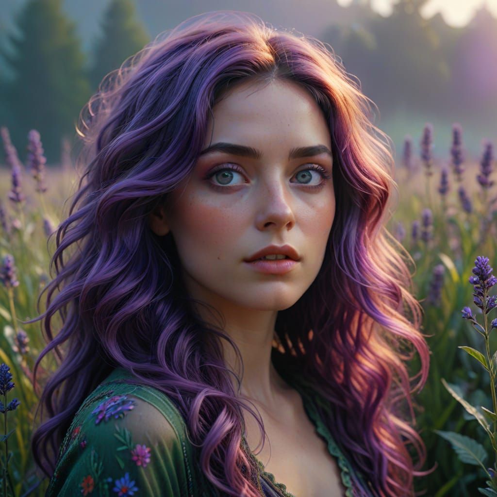 Lady in Surreal Meadow with Double Exposure Effect