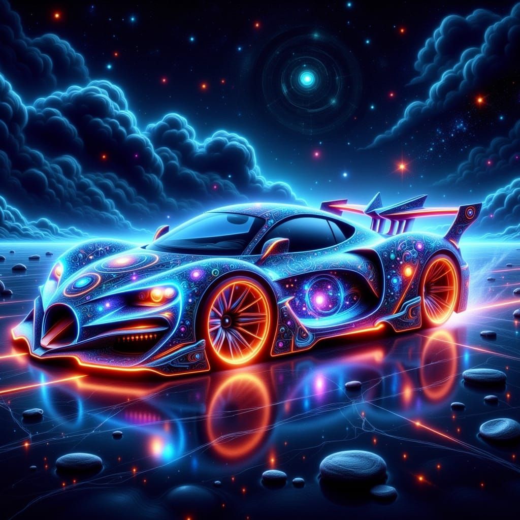 Futuristic Zodiac Hot-Wheels Car with Neon Accents and Starr...