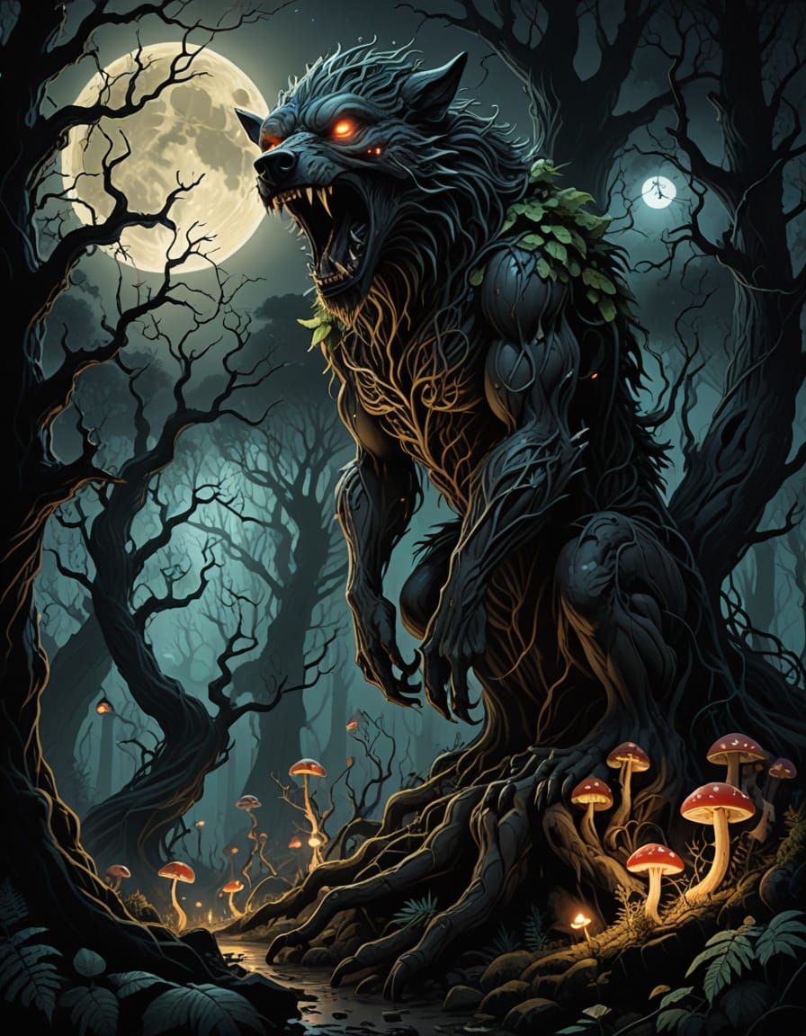 Surreal Forest Guardian Howls Under Moonlight