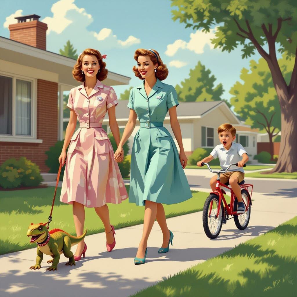 1950s Housewife Walking Pet Raptor Dinosaur