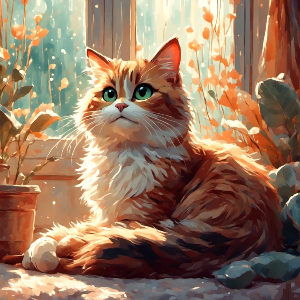 Happy Cat in Cozy Room as Watercolor Digital Art