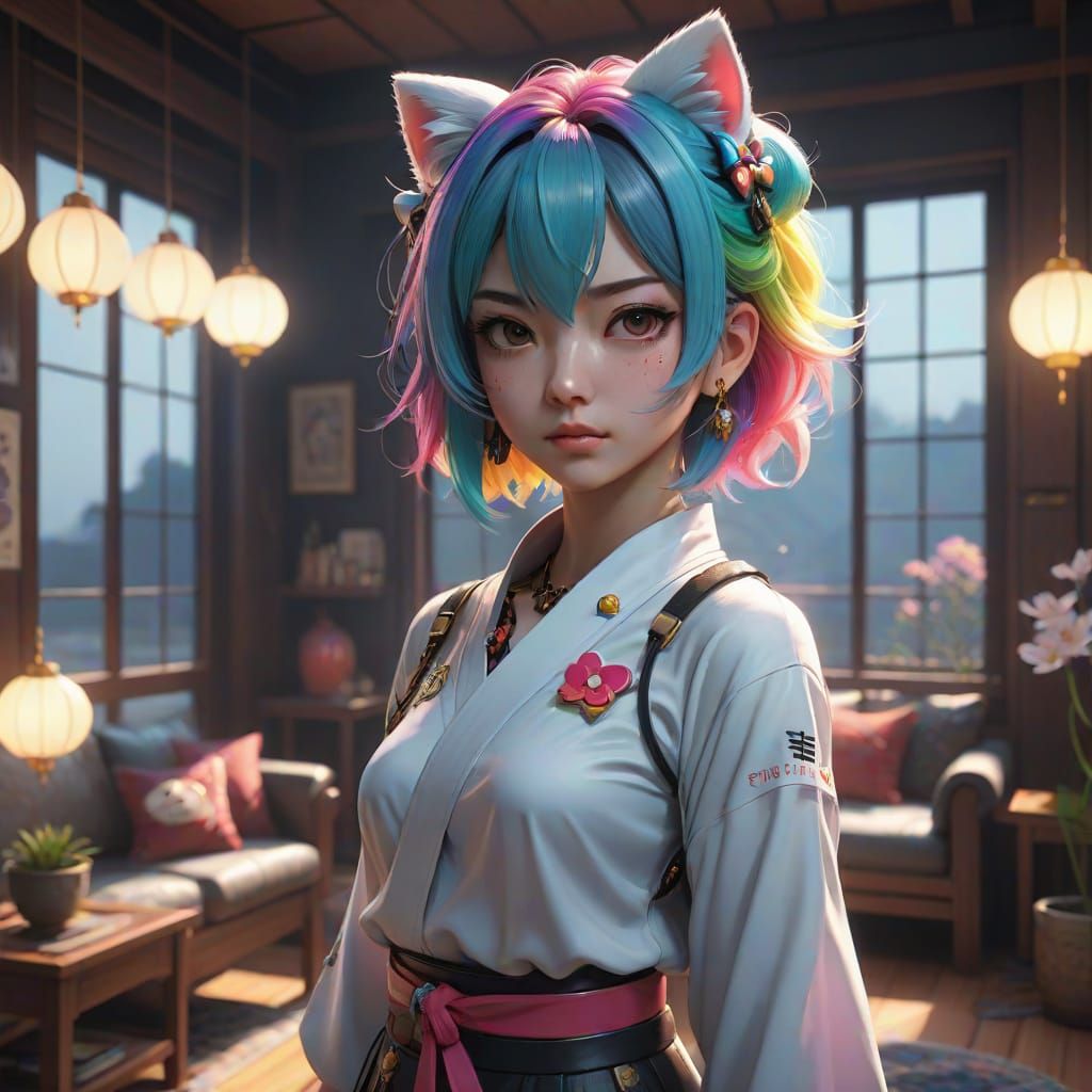 Anime Woman with Rainbow Hair in Moody Lighting