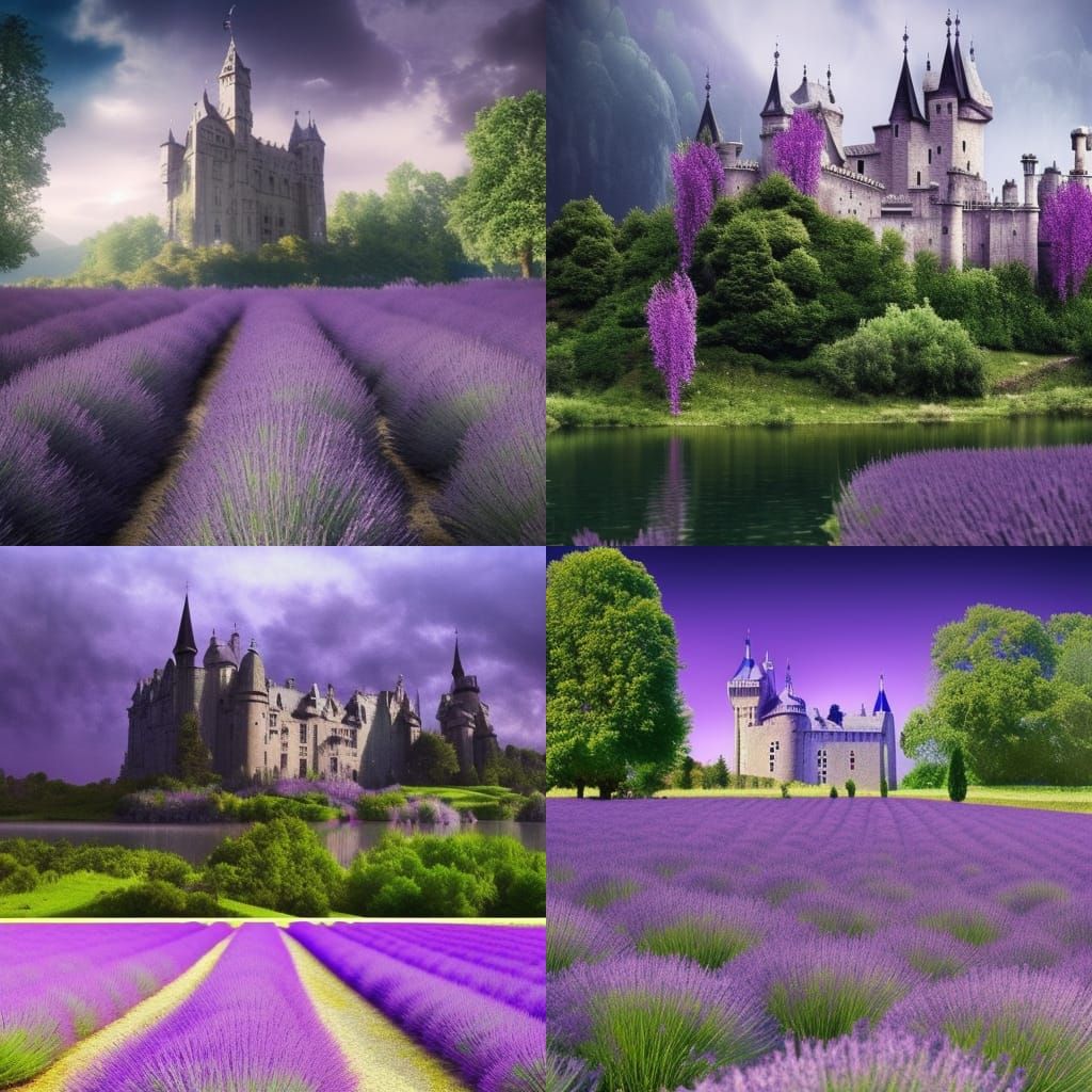 Gothic medieval castle with Lavender fields and Lake in the background& lots of beautiful trees