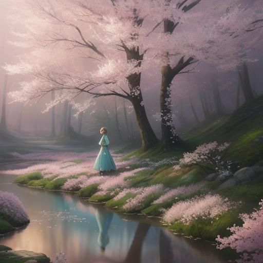 Ethereal Anime Girl in Sunrise Forest, 3D Render