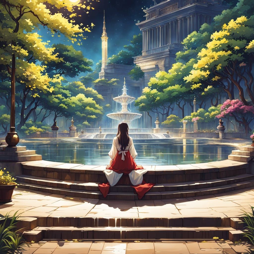 Anime Maiden Overlooking Fountain in Cel-Shaded Style