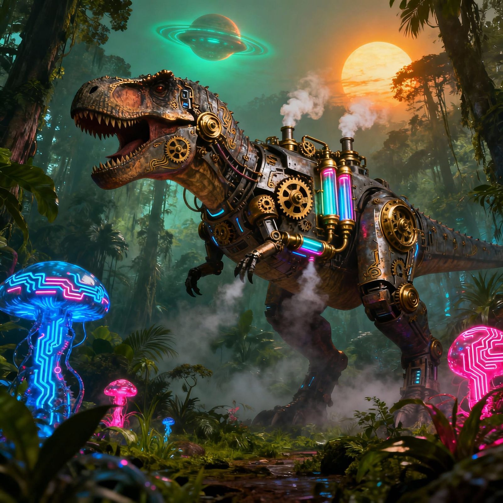 Cyberpunk Steampunk T-Rex Automaton on Alien Planet