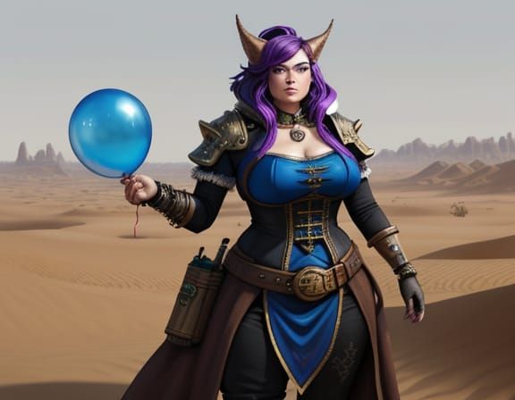 Steampunk Gnome in Desert Holding Balloon: Cyberpunk Illustr...