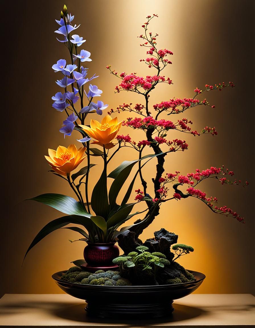 Dramatic Ikebana Flower Arrangement in Hyperrealistic Style