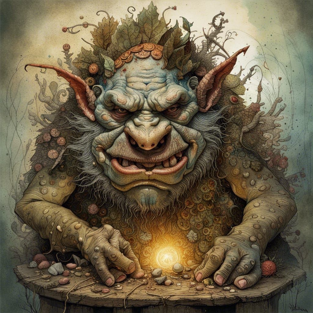 A fierce ugly troll, by Jean-Baptiste Monge and Norman Rockwell, insanely detailed and textured, volumetric, intricate, ...