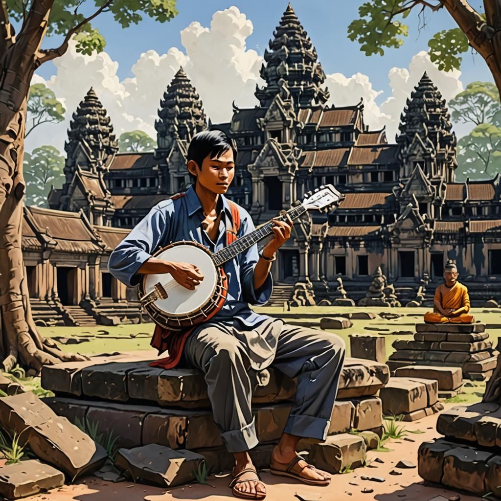 Cambodian Man Plays Banjo at Angkor Wat in Anime Style