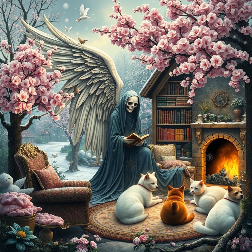 Serene Angel of Death in Vibrant Springtime Village