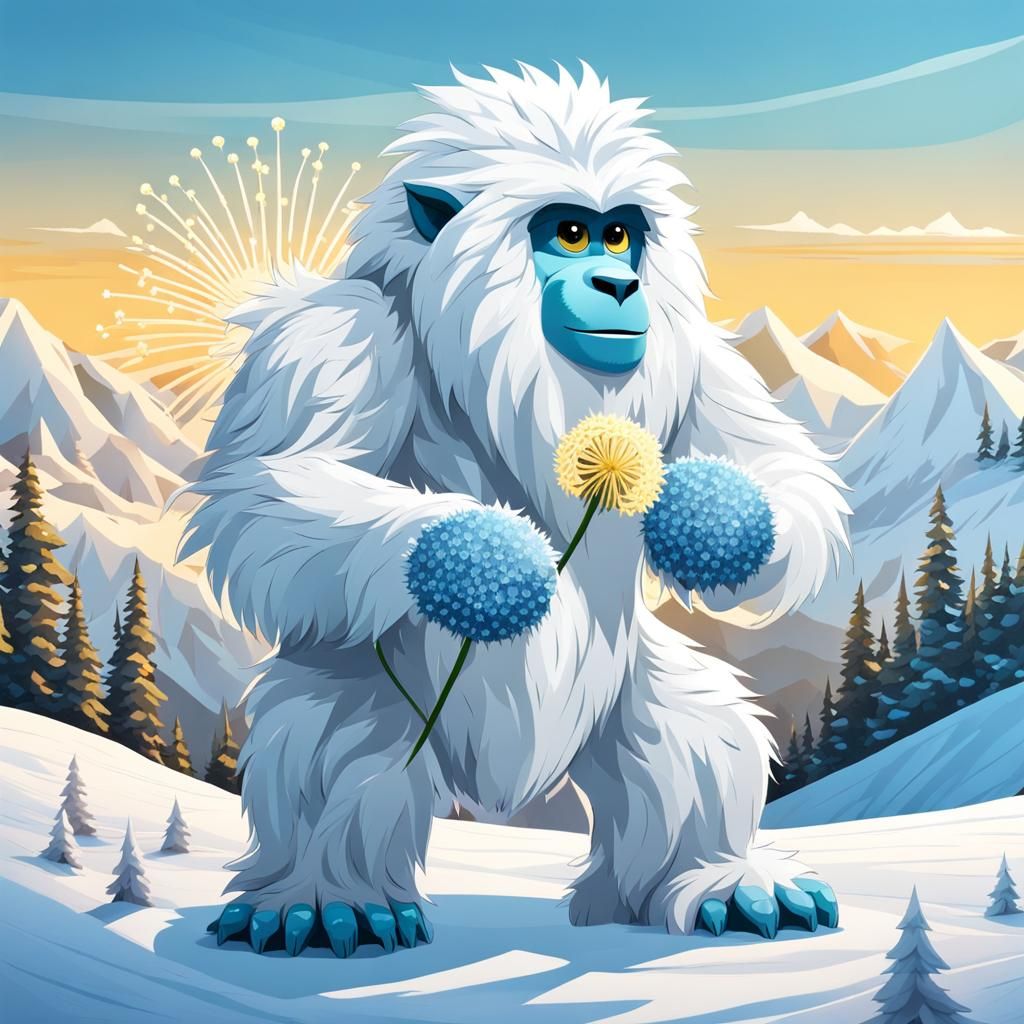 Mosaic Yeti with Dandelion in Snowy Landscape