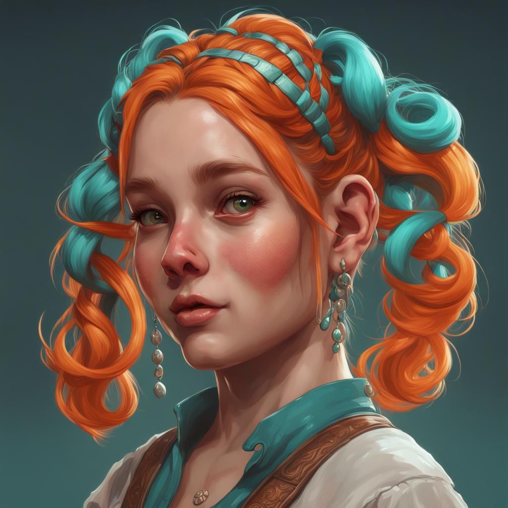 Pig Girl with Pigtails in Art Nouveau Style