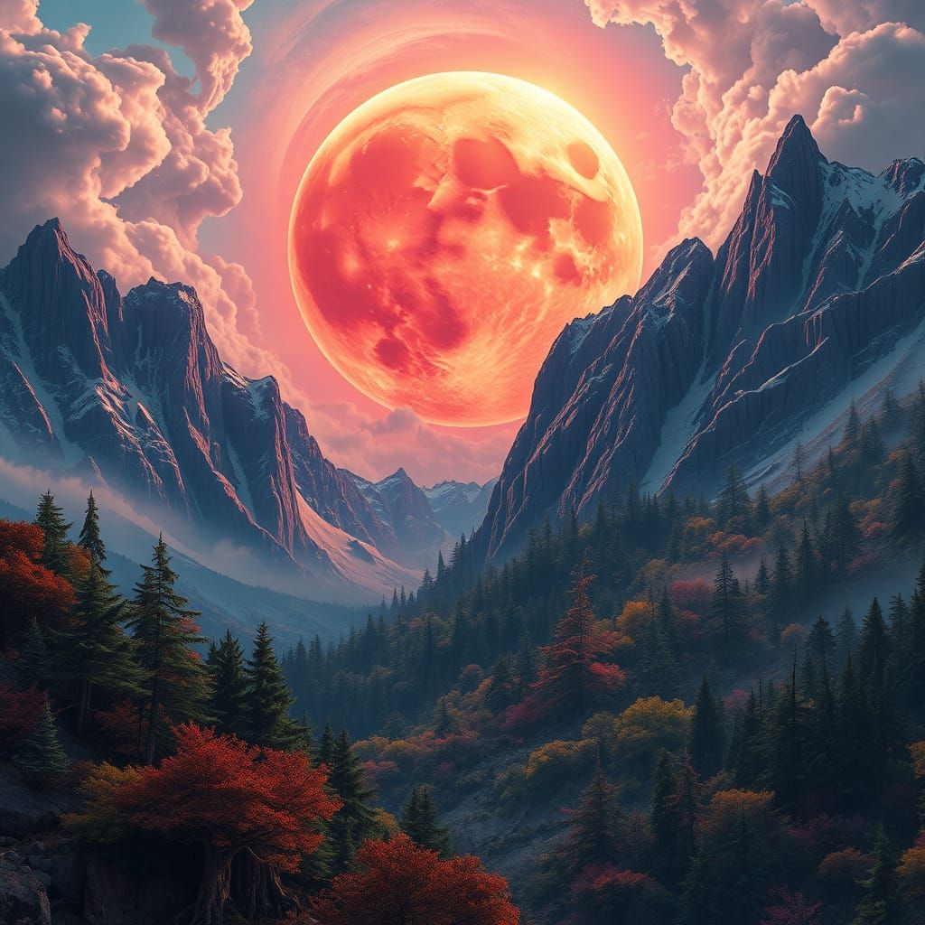 Glowing Moon Crashes into Majestic Mountainscape