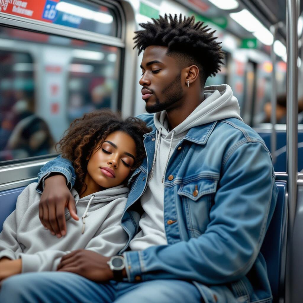 Contemplative Man on Subway with Napping Girlfriend