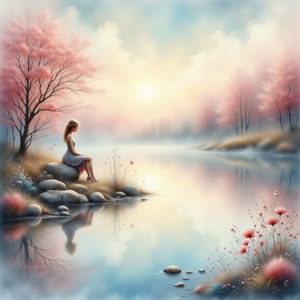 Woman by Tranquil Lake in Ethereal Mist