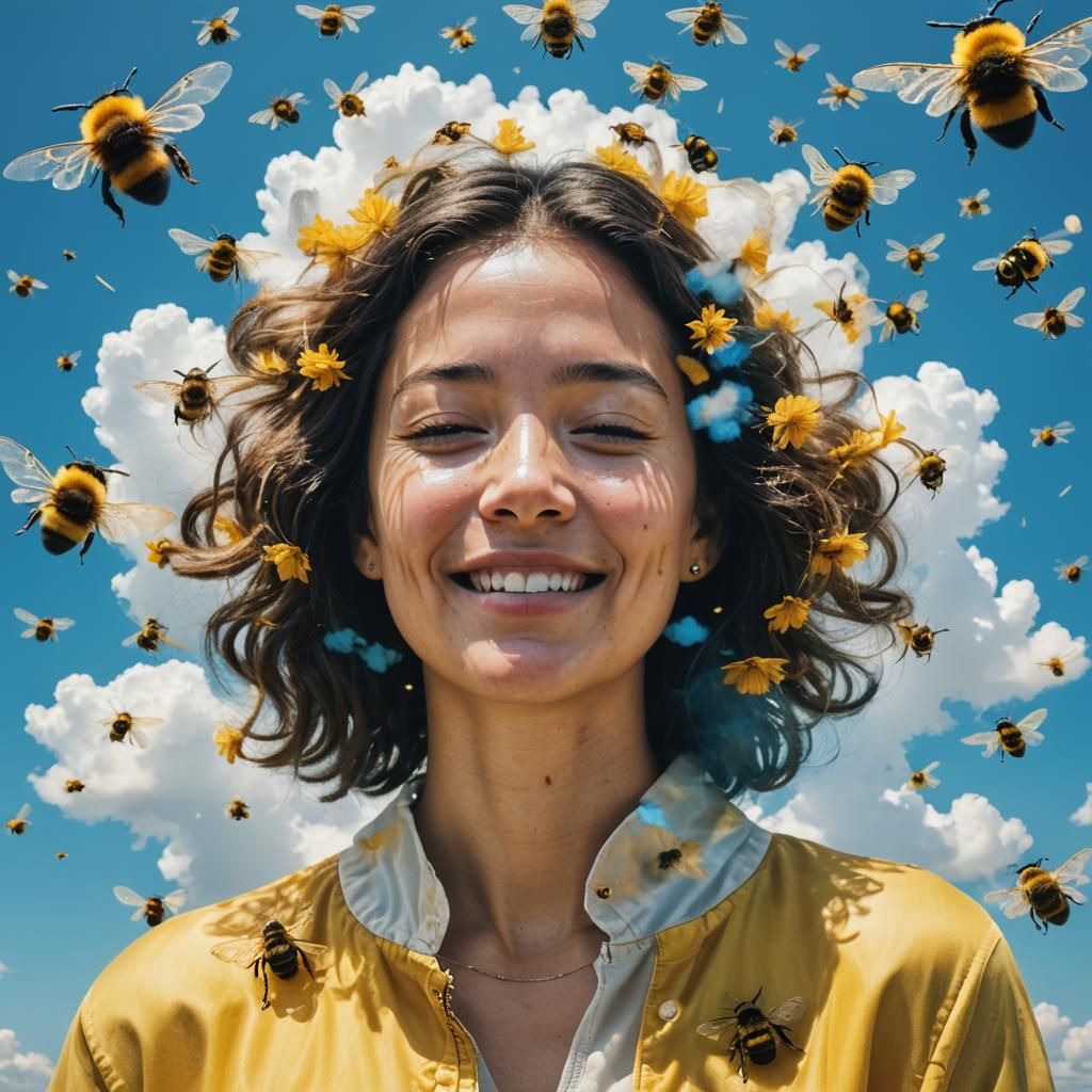 Double Exposure Portrait with Bumblebees and Sky