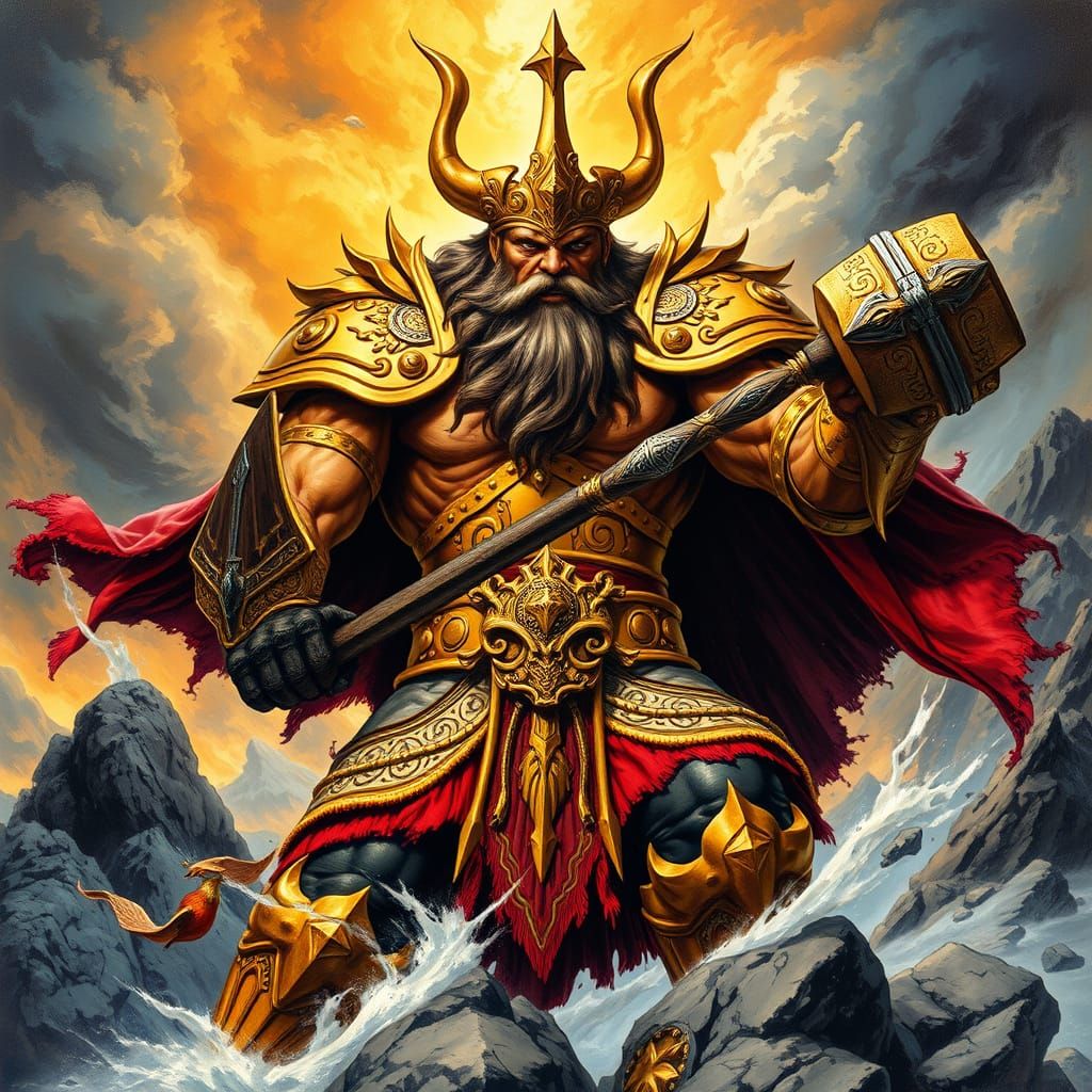 Powerful Armored Deity in Dramatic Landscape