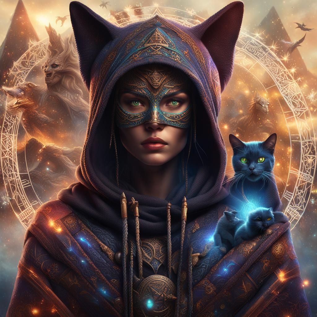 Shaman Cat Woman Weaving Zodiac Web, Detailed Painting