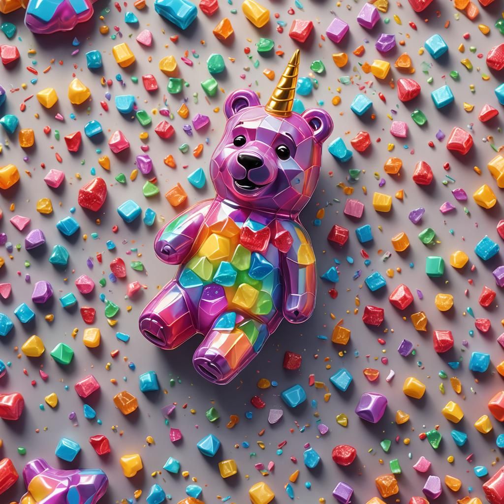 Colorful Gummy Bear with Unicorn Horn, Low-Poly 3D