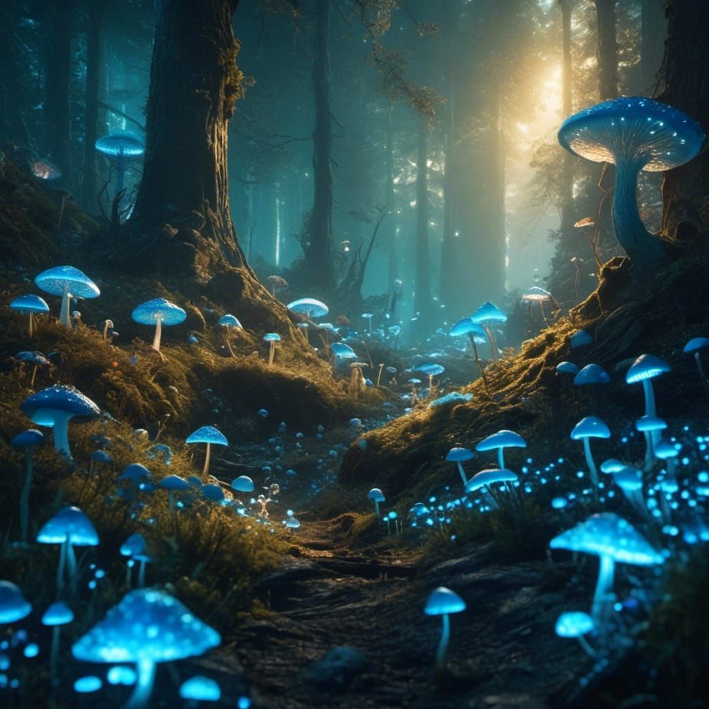 Glowing Blue Mushroom Forest in Detailed Matte Painting