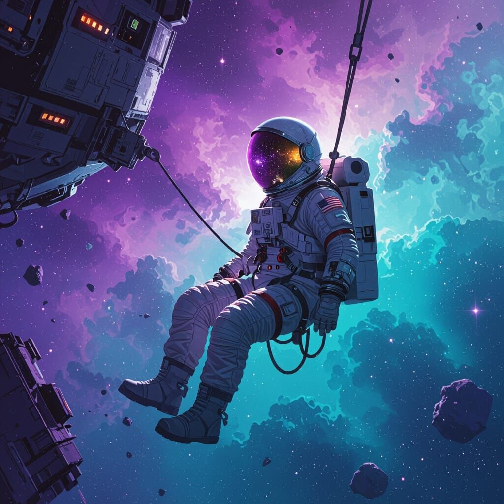 Astronaut Adrift Among Purple Nebulae: Digital Painting