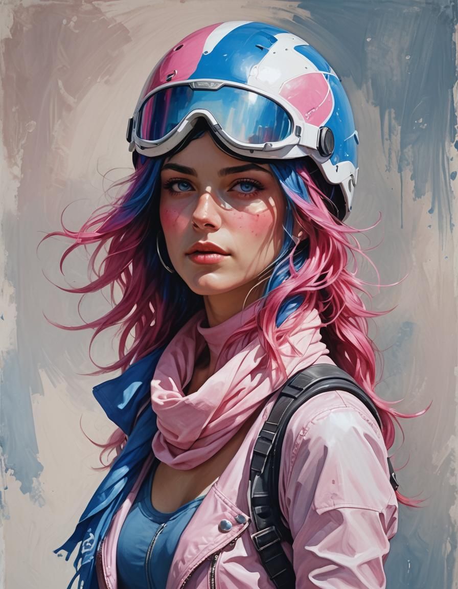 Anime Biker Girl with Blue Hair in Pink Outfit