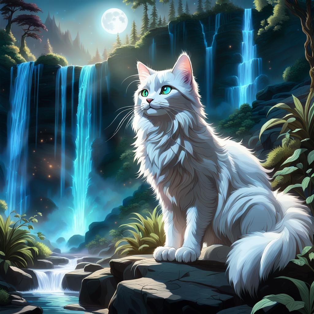 Warrior Cat Under Bio-Luminescent Waterfall in Cinematic Sty...