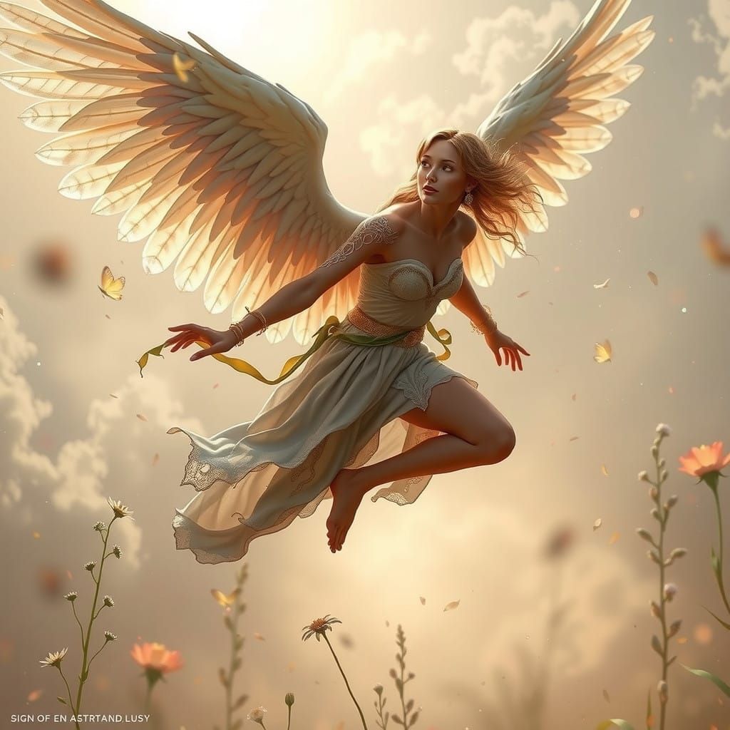 Serene Angel Soars Over Vibrant Emerald Meadow in Realistic...
