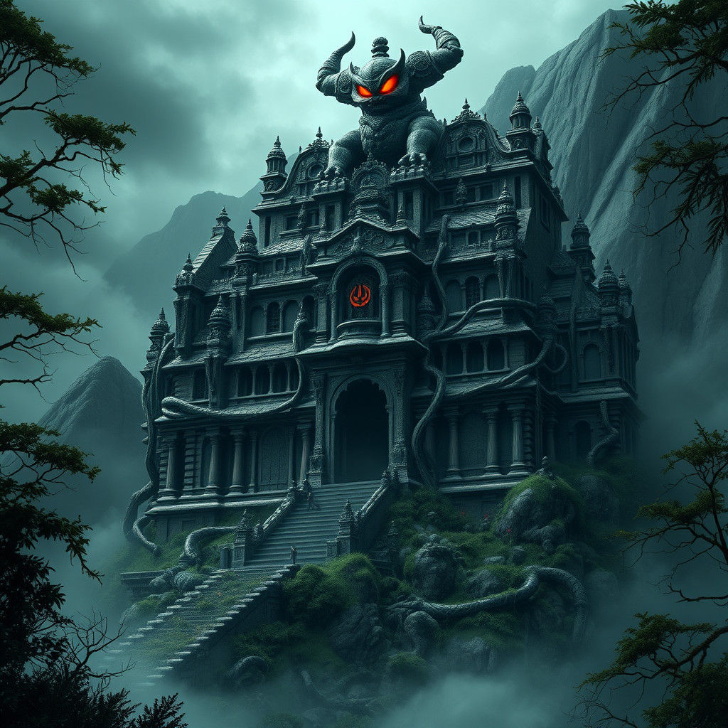 Colossal Ancient Temple in Surreal Horror Style