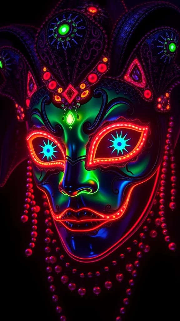 Blackroom: Hyperrealistic Hyperdetailed acrylic oil painting Vatitien of Mardi Gras Mask and beads, glowing eyes in Mard...