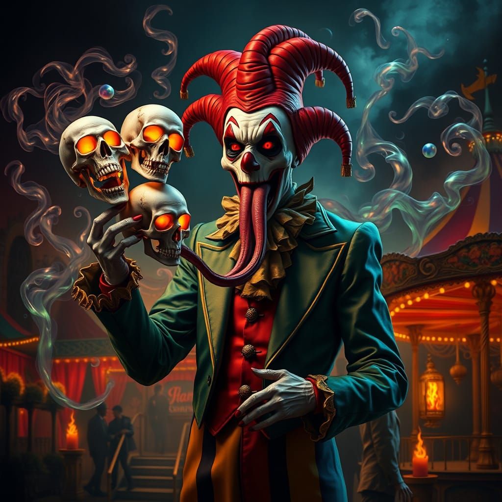 A grotesquely elegant clown, resplendent in a harlequin cost...