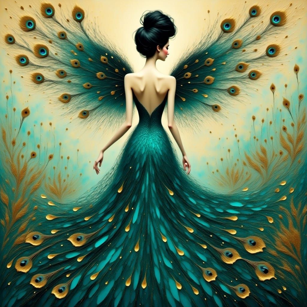 Ethereal Woman in Peacock Feather Regalia, Mixed-Media Maste...