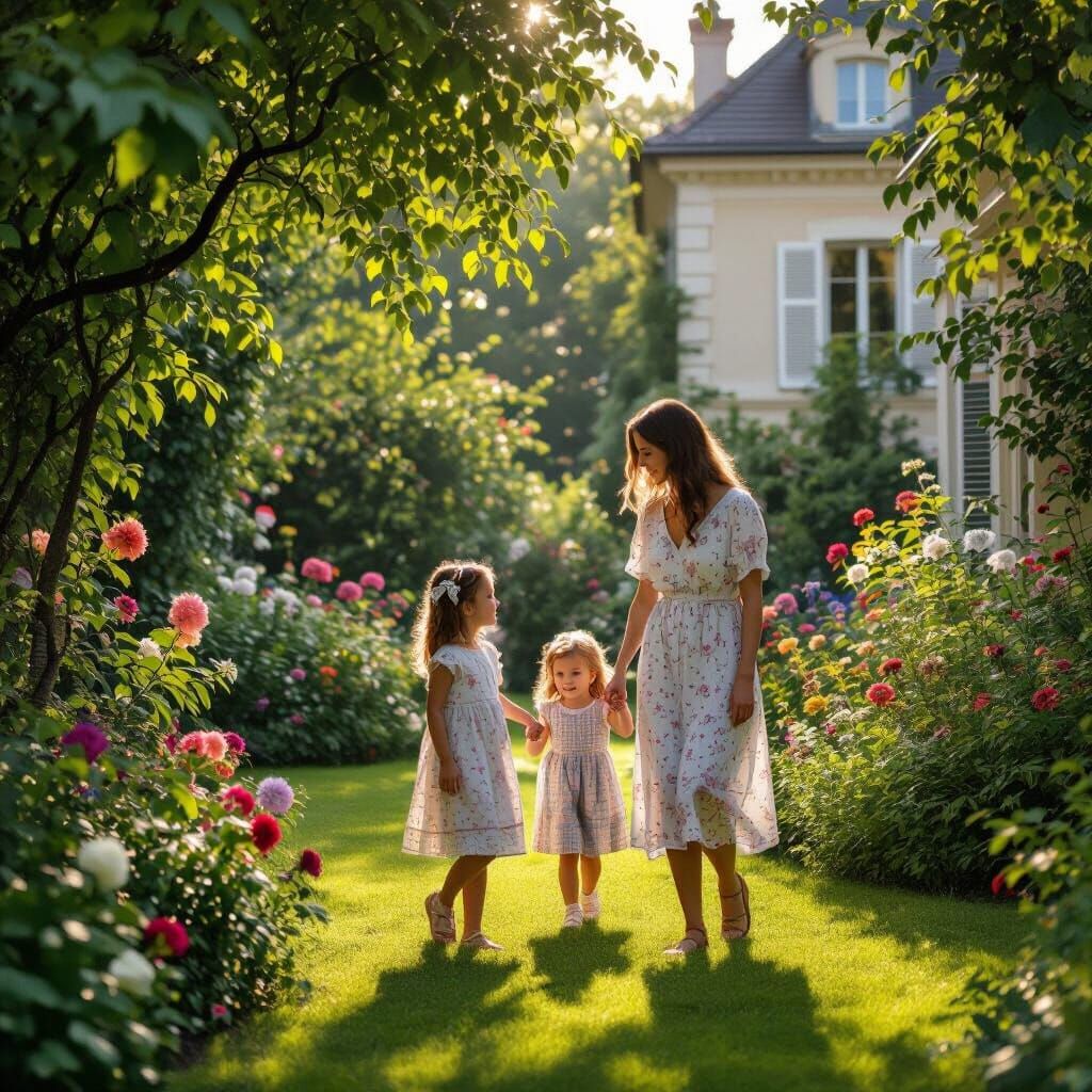 Mother and Daughter in a Lush Garden, Impressionist Style