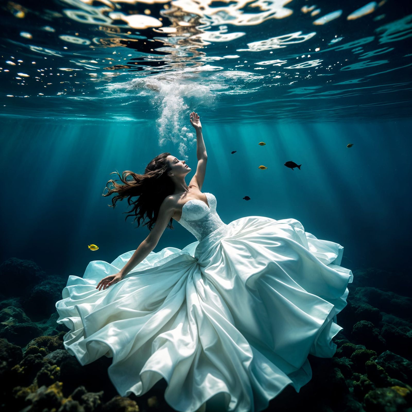 Brunette Woman in Wedding Dress Sinking Underwater