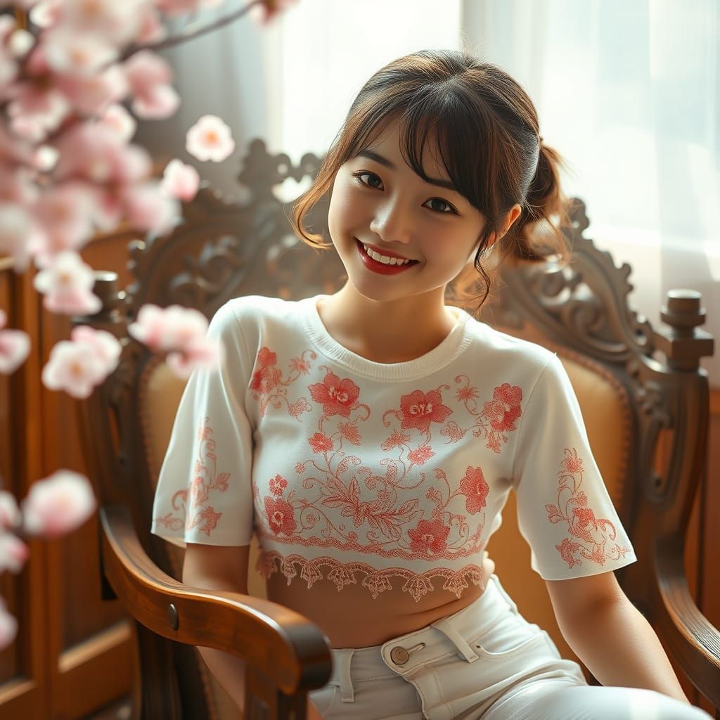 Cute Japanese Woman in Ornate Chair, Cherry Blossoms