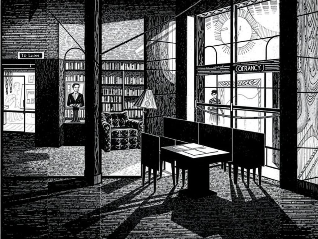 Dramatic Library Scene in Etching Style