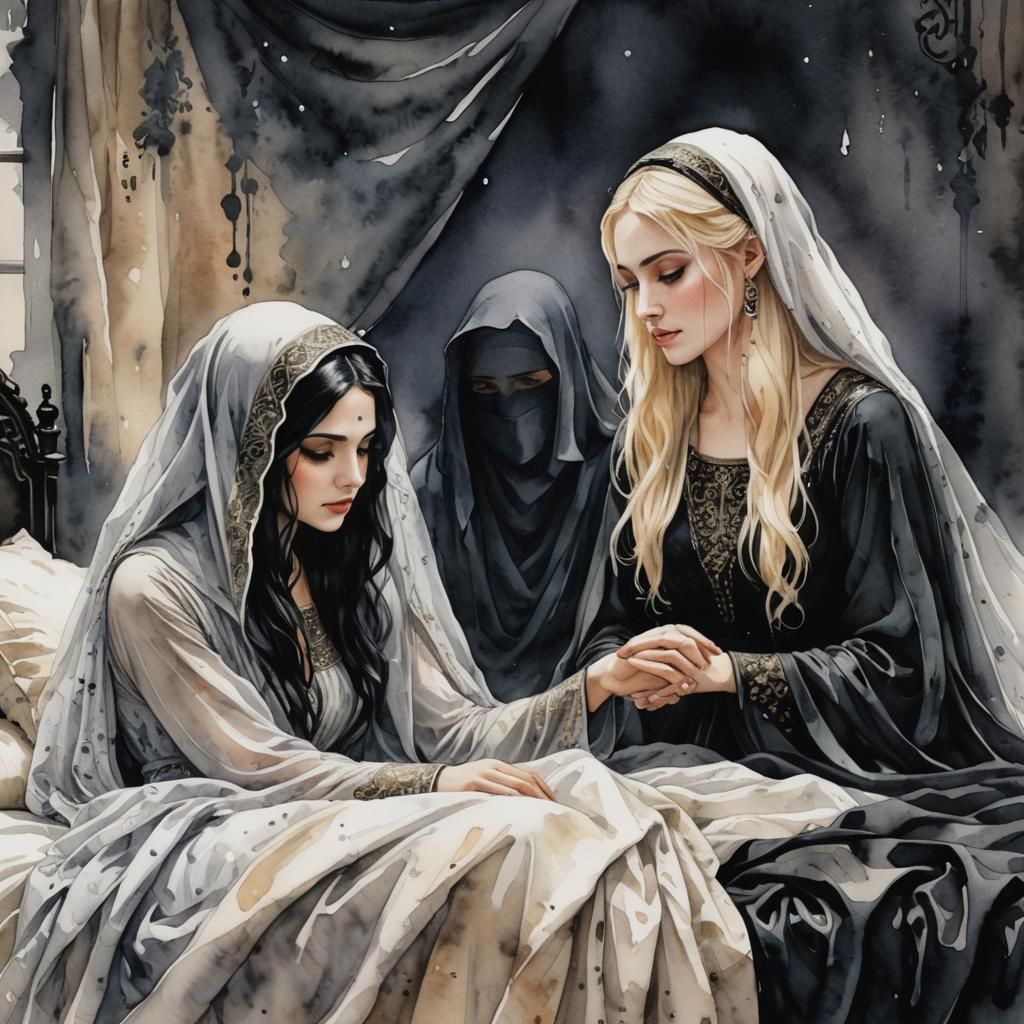 Mourning Arabian Princesses in Dark Watercolor
