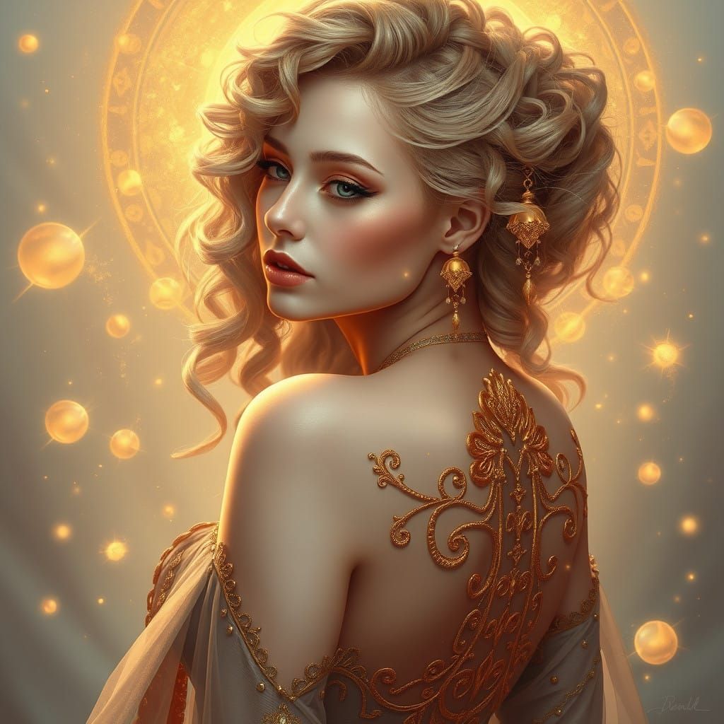Ethereal Goddess with Glowing Gold Patterns and Ornaments