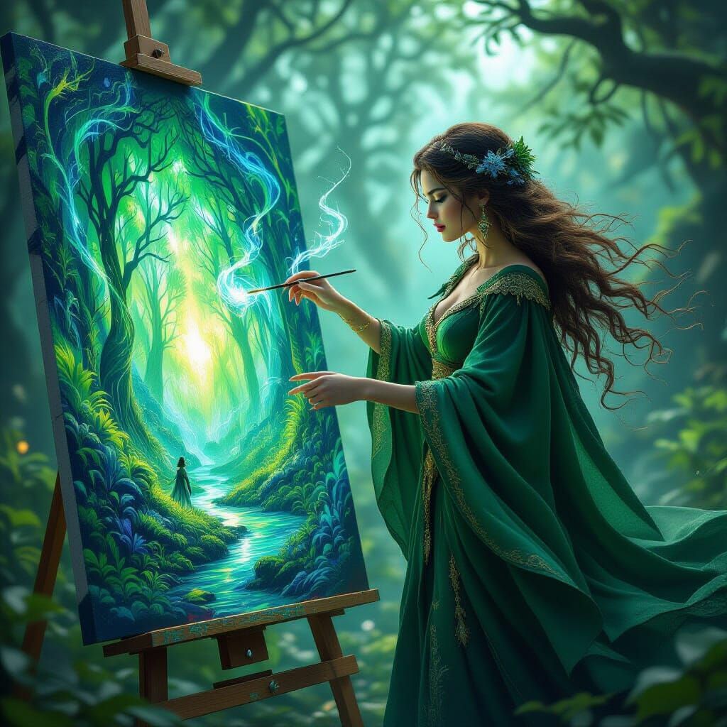 Sorceress Conjures Enchanted Forest Painting with Arcane Ene...